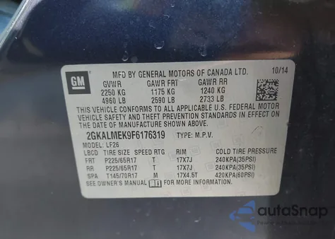 2015 GMC Terrain Sle-1 z USA, uszkodzony, nr VIN 2GKALMEK9F6176319